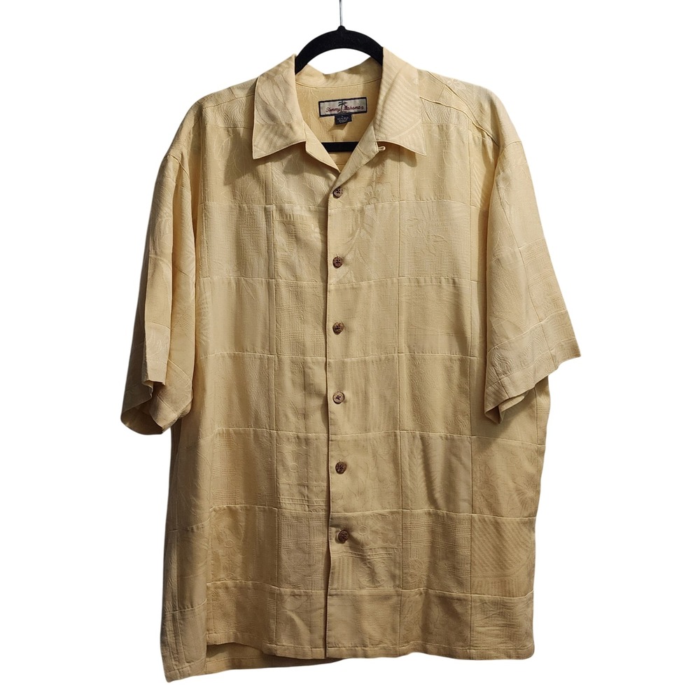 Tommy Bahama Mens Large L Silk Short Sleeve Button Down‎ Shirt Yellow Palm Tree